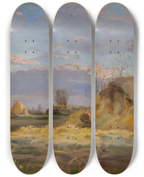 Triptych art skateboard deck of Ferdinand Katona Autumn Landscape With Trees by Ferdinand Katona (1864-1932)