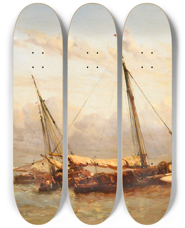 Triptych art skateboard deck of Eugne Isabey Barques De Pche by Eugene Isabey (1803-1886)