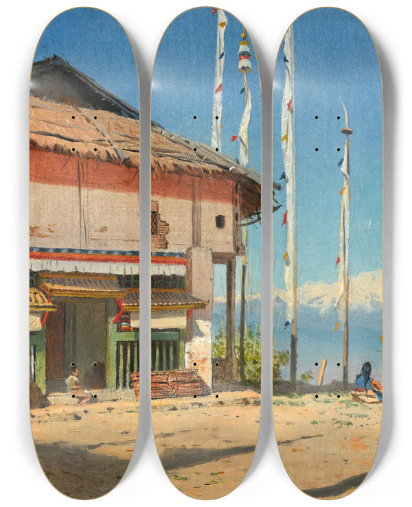 Triptych art skateboard deck of Vasily Vereshchagin Buddhist Temple In Darjiling Sikkim by Vasily Vereshchagin (1842-1904)