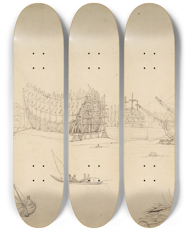 Triptych art skateboard deck of Thomas Rowlandson Harbor Scene_2 by Thomas Rowlandson (1756-1827)