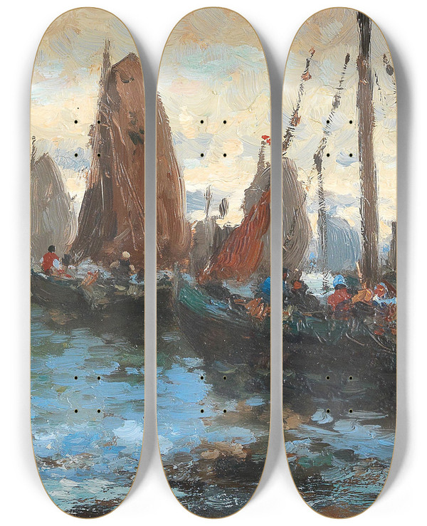 Triptych art skateboard deck of Adolf Kaufmann Seascape With Many Sailing Boats by Adolf Kaufmann (1848-1916)