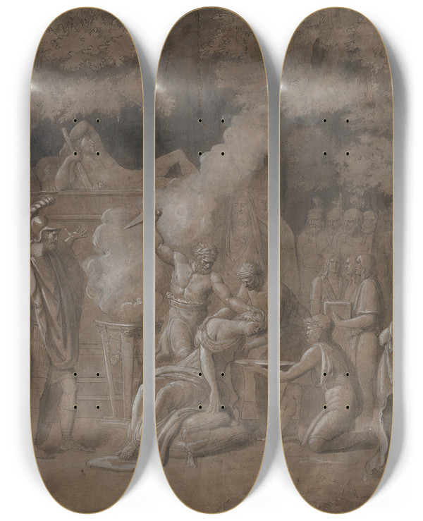 Triptych art skateboard deck of Benjamin West Death Of Iphigenia by Benjamin West (1738-1820)