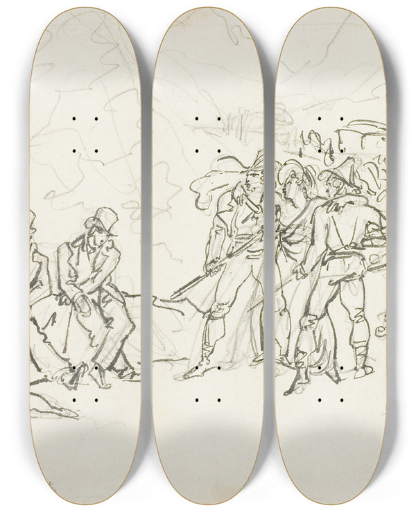 Triptych art skateboard deck of Bartolomeo Pinelli The Stagecoach Holdup by Bartolomeo Pinelli (1781-1835)