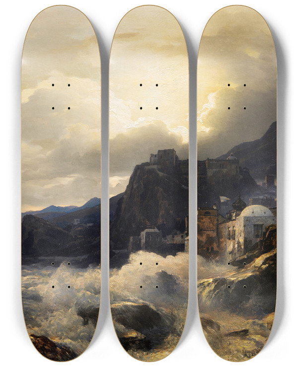 Triptych art skateboard deck of Andreas Achenbach Abendstimmung An Der Griechischen Kste by Andreas Achenbach (1815-1910)