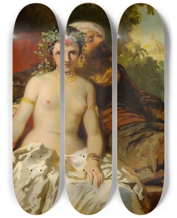 Triptych art skateboard deck of Adolphe Alexandre Dillens The Favorite by Adolphe Alexandre Dillens (1821-1877)