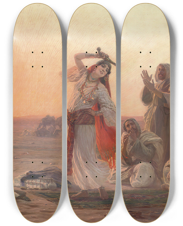 Triptych art skateboard deck of Otto Pilny A Dance At Sunset by Otto Pilny (1866-1936)