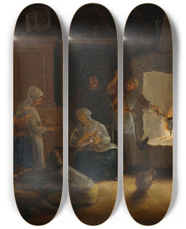 Triptych art skateboard deck of Pehr Hrberg Inside A Peasants Cottage In Smland by Pehr Horberg (1746-1816)