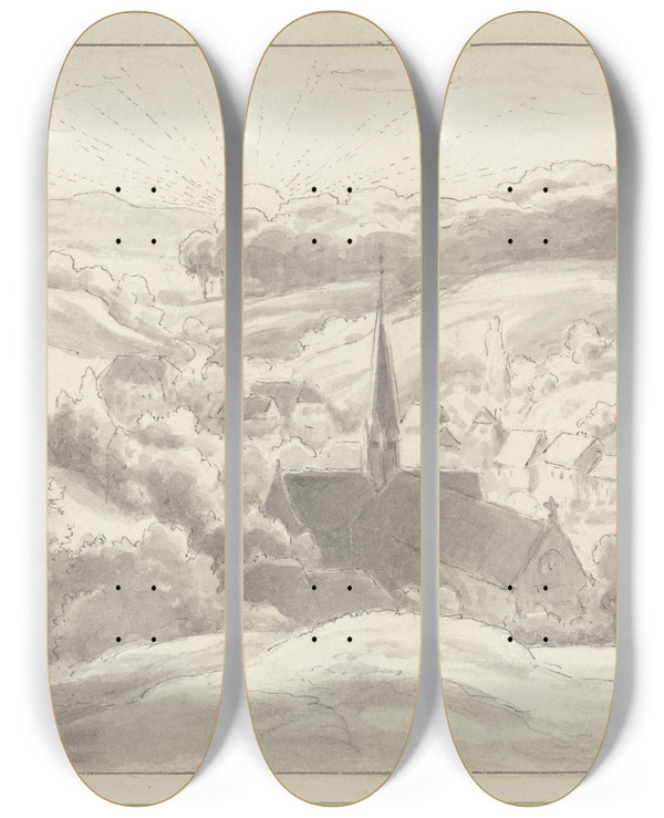 Triptych art skateboard deck of Wilhelm Steinhausen Diethers Abschied Vom Kloster Maulbronn by Wilhelm Steinhausen (1846-1924)
