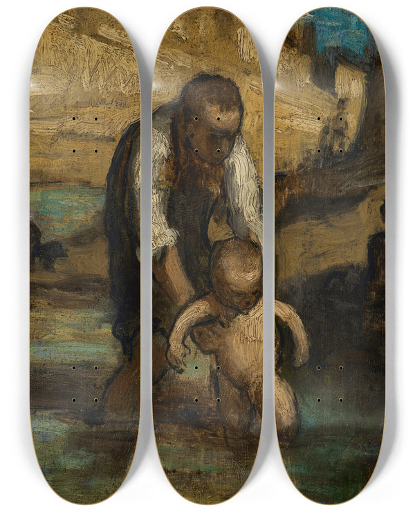 Triptych art skateboard deck of Honor Daumier Le Premier Bain by Honore Daumier (1808-1879)