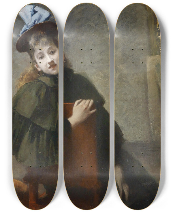 Triptych art skateboard deck of Bruno Piglhein Im Wartezimmer by Bruno Piglhein (1848-1894)