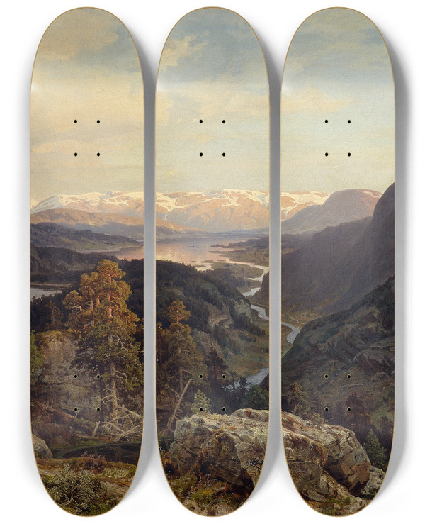 Triptych art skateboard deck of Morten Mller Evening In The Norwegian Mountains by Morten Mller (1828-1911)