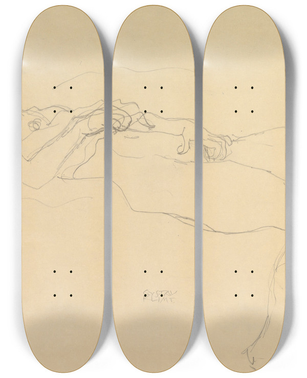 Triptych art skateboard deck of Gustav Klimt Reclining Nude by Gustav Klimt (1862-1918)