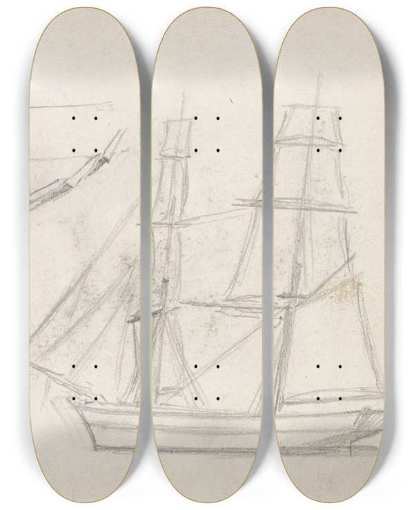 Triptych art skateboard deck of Hans Gude Figurstudie Skip by Hans Gude (1825-1903)
