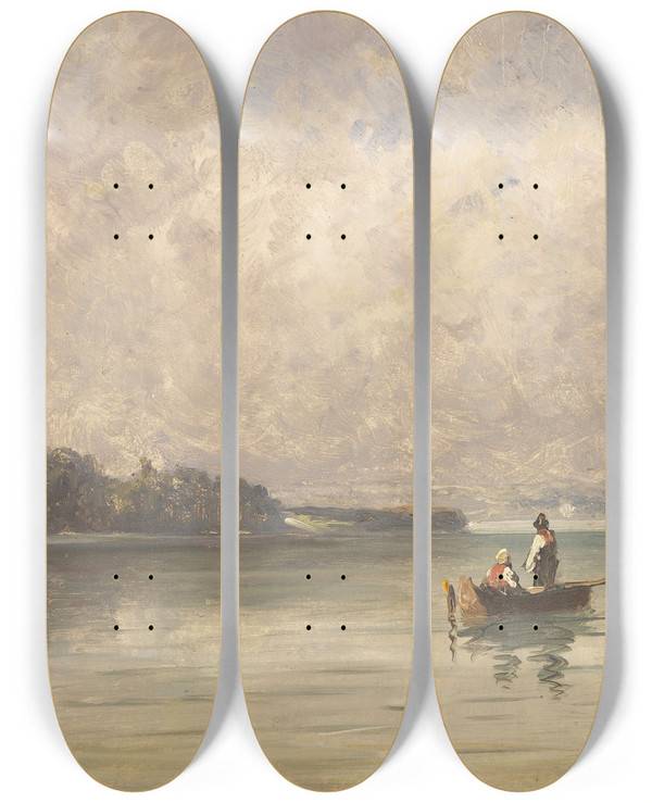 Triptych art skateboard deck of Friedrich Voltz Chiemsee Mit Fischerboot Und Dampfer by Friedrich Voltz (1817-1886)