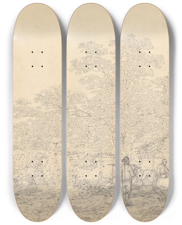 Triptych art skateboard deck of John Webber Village Scene by John Webber (1751-1793)