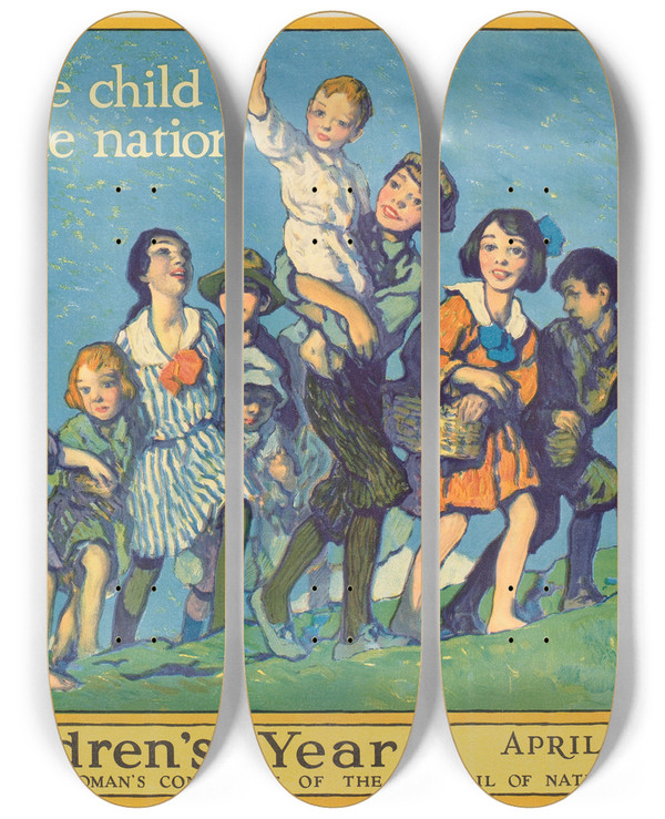 Triptych art skateboard deck of Francis Luis Mora Childrens Year by Francis Luis Mora (1874-1940)