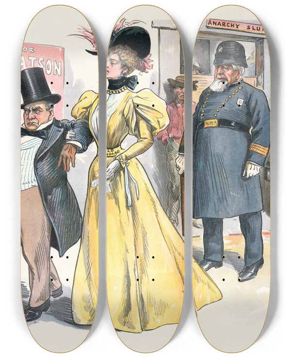 Triptych art skateboard deck of Charles Jay Taylor Well Protected by Charles Jay Taylor (1855-1929)