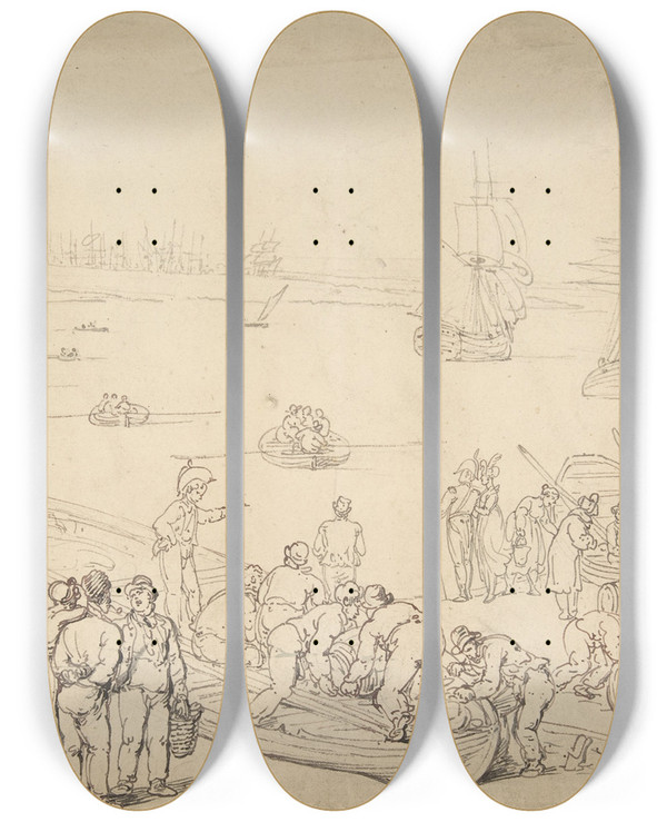 Triptych art skateboard deck of Thomas Rowlandson Seaport by Thomas Rowlandson (1756-1827)
