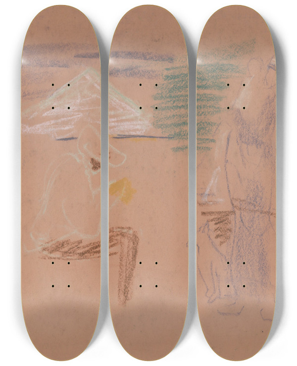 Triptych art skateboard deck of Arnold Peter Weiszkubnan Figural Sketch by Arnold Peter Weisz-Kubnan (1898-1944)