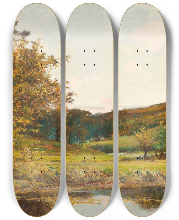 Triptych art skateboard deck of Sir Alfred East The Flyfisherman by Sir Alfred East (1849-1913)