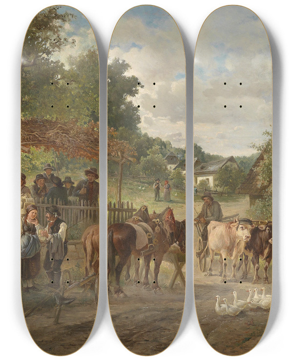 Triptych art skateboard deck of Ignaz Ellminger Dorfidylle by Ignaz Ellminger (1843-1894)