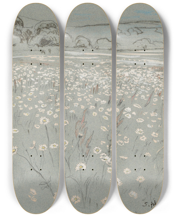 Triptych art skateboard deck of Hans Thoma Meadow With Daisys by Hans Thoma (1839-1924)
