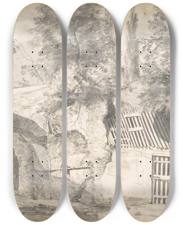 Triptych art skateboard deck of Thomas Wijck Courtyard Of A Farmhouse by Thomas Wijck (1616-1677)