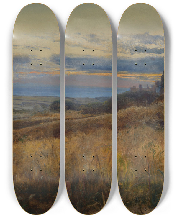 Triptych art skateboard deck of John William Inchbold Cornfield At Sunset by John William Inchbold (1830-1888)