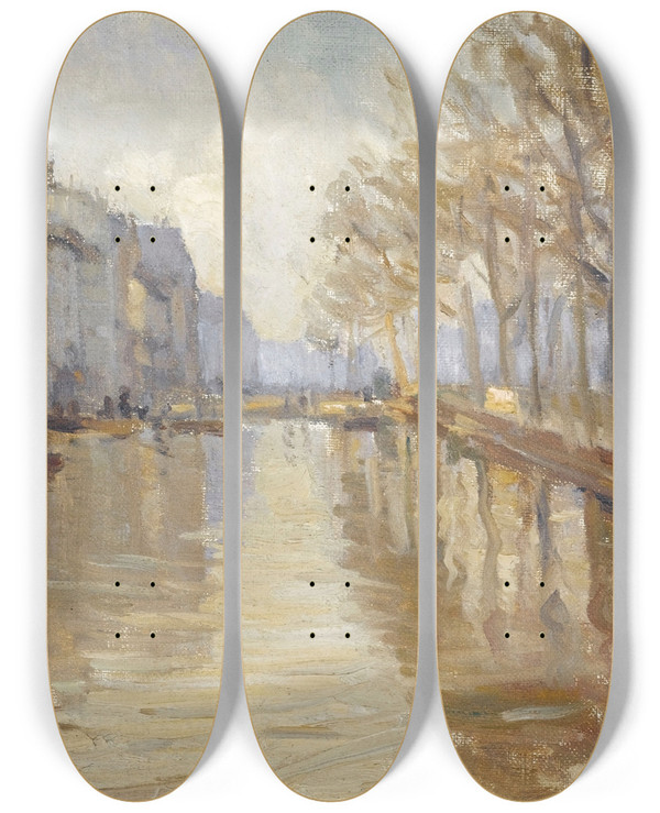 Triptych art skateboard deck of Germain Eugne Bonneton Le Quai Montebello Inondations De 1910 by Germain Eugene Bonneton (1874-1915)