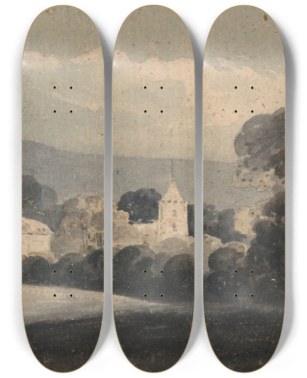 Triptych art skateboard deck of William Pearson Landscape With A Church Among Trees by William Pearson (1772-1849)