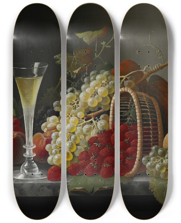 Triptych art skateboard deck of Severin Roesen Still Life With Fruit And Champagne_3 by Severin Roesen (1816-1872)
