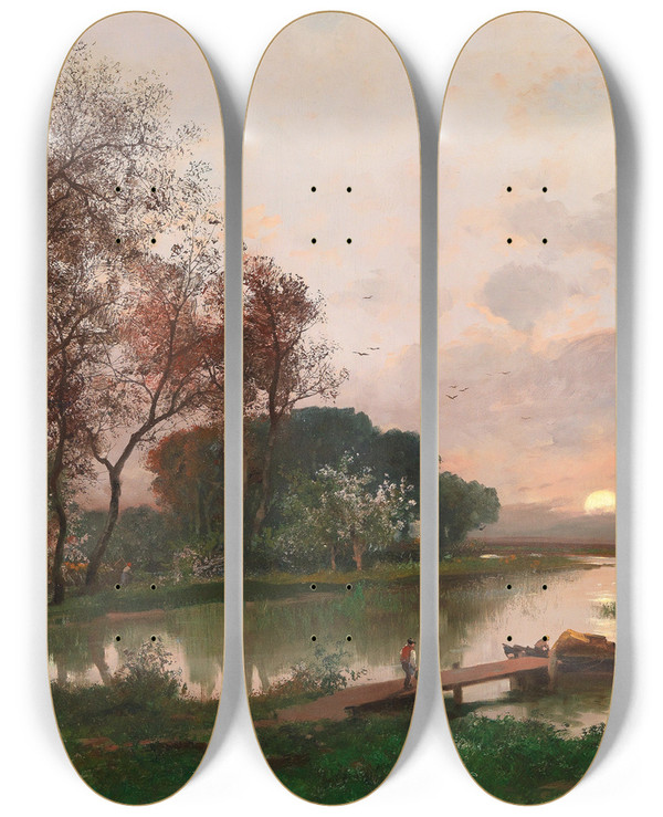 Triptych art skateboard deck of Adolf Kaufmann A Landscape On The Pond by Adolf Kaufmann (1848-1916)