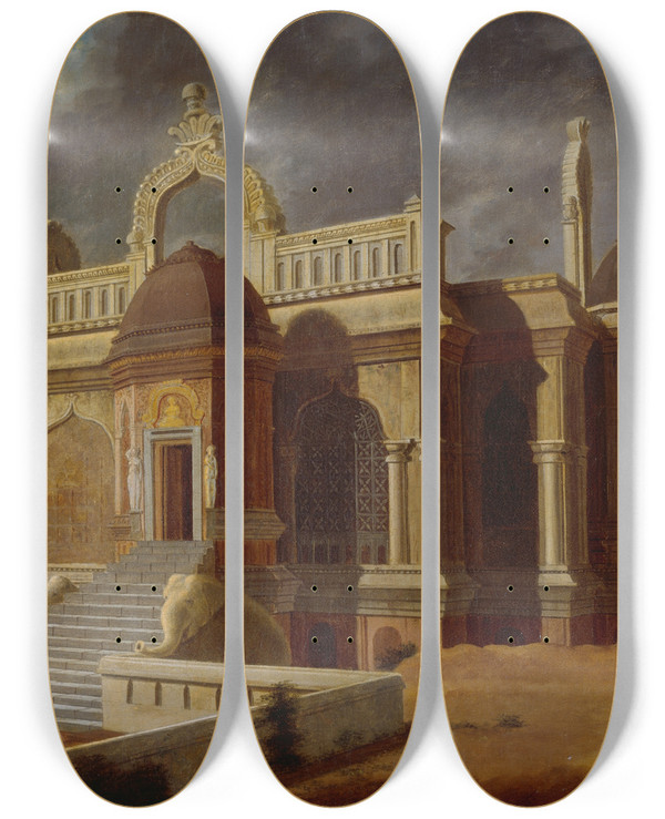 Triptych art skateboard deck of Francis Swain Ward Mausoleum With Stone Elephants by Francis Swain Ward (1729-1799)