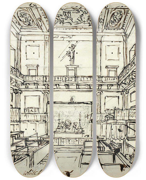 Triptych art skateboard deck of Augustus Charles Pugin Study For Whitehall Chapel From Microcosm Of London by Augustus Charles Pugin (1762-1832)