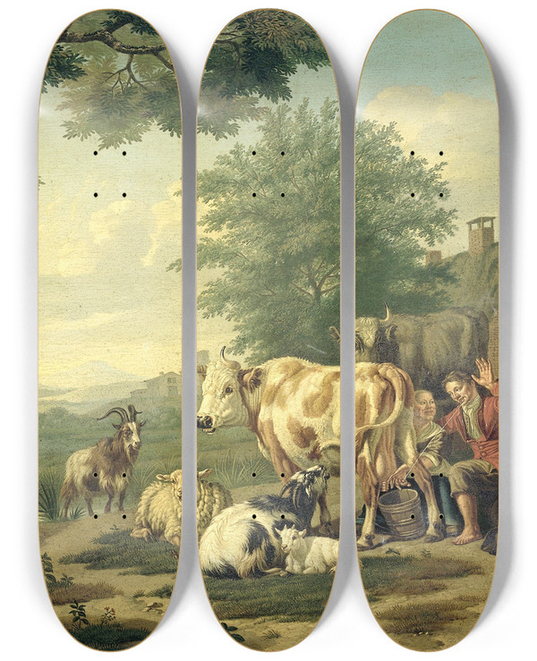 Triptych art skateboard deck of Jan Van Gool Milking Time by Jan Van Gool (1685-1763)