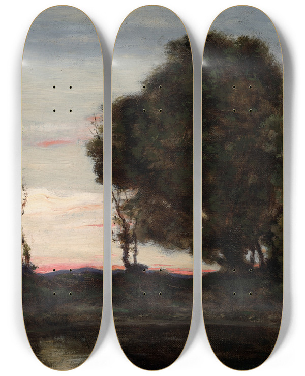 Triptych art skateboard deck of Henrijoseph Harpignies Landscape Atdusk by Henri Joseph Harpignies (1819-1916)