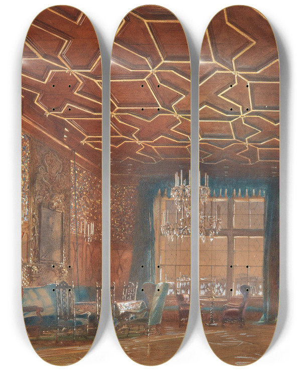 Triptych art skateboard deck of Rudolf Von Alt An Interior In Romberk Castle by Rudolf Von Alt (1812-1905)