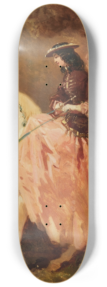 Alfred De Dreux - Amazone au petit canotier, veste rouge, jupe rose, une cravache sur un cheval gris aux rubans bleus 8.25 inch art skate deck