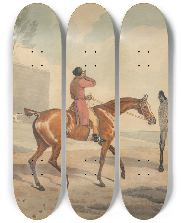 Triptych art skateboard deck of Edwin Cooper Foxhunting Unkennelling The Pack by Edwin Cooper (1785-1833)