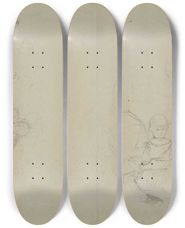 Triptych art skateboard deck of Jakob Becker Studienblatt Kleinkind Die Weinlese by Jakob Becker (1810-1872)