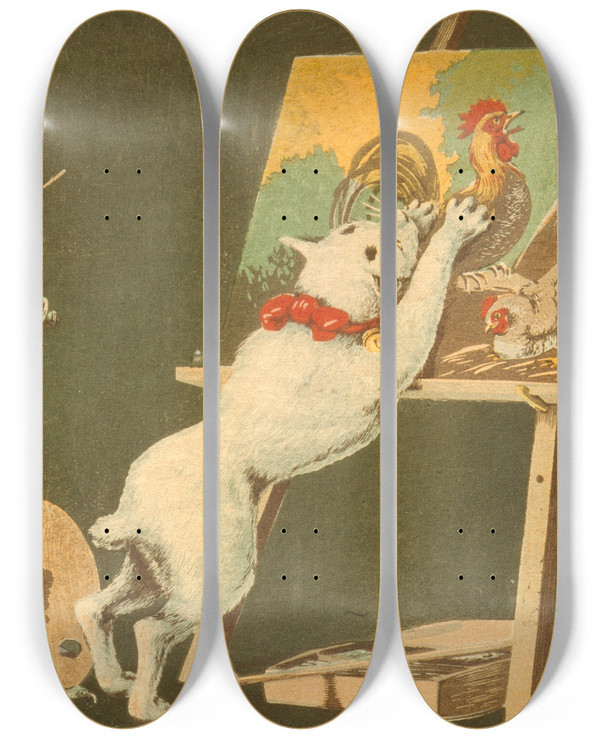 Triptych art skateboard deck of Kobayashi Kiyochika Cats And Canvas by Kobayashi Kiyochika (1847-1915)
