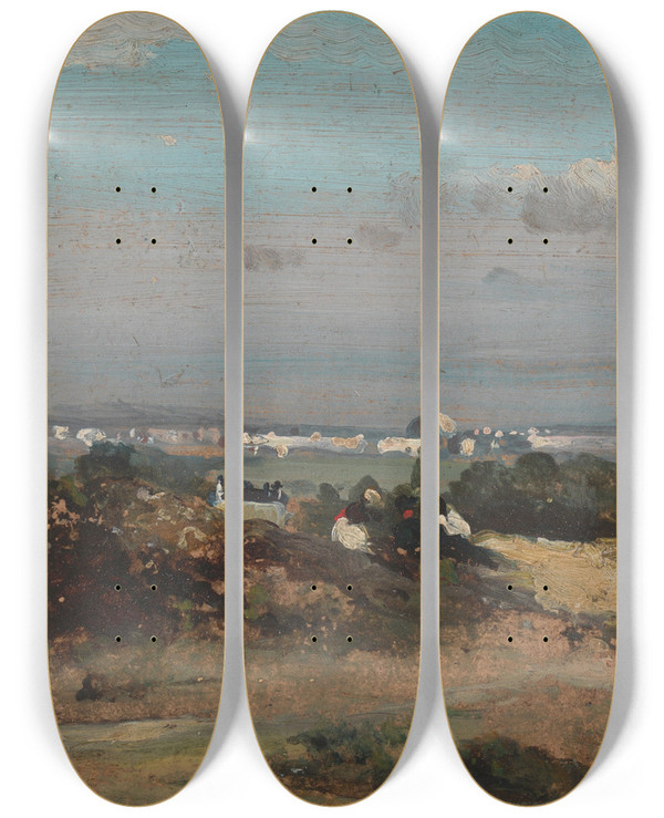 Triptych art skateboard deck of Frederick Waters Watts A View In Suffolk by Frederick Waters Watts (1800-1870)