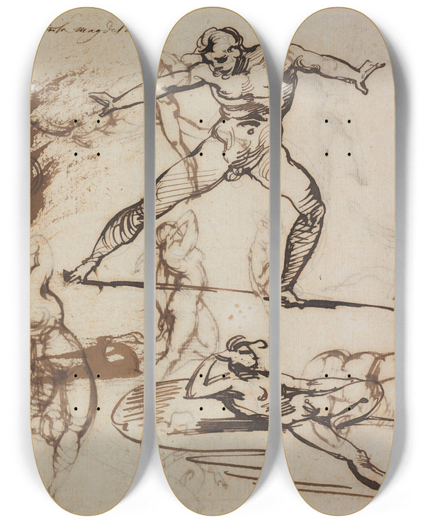 Triptych art skateboard deck of Thodore Gricault Sheet Of Sketches Recto by Theodore Gericault (1791-1824)