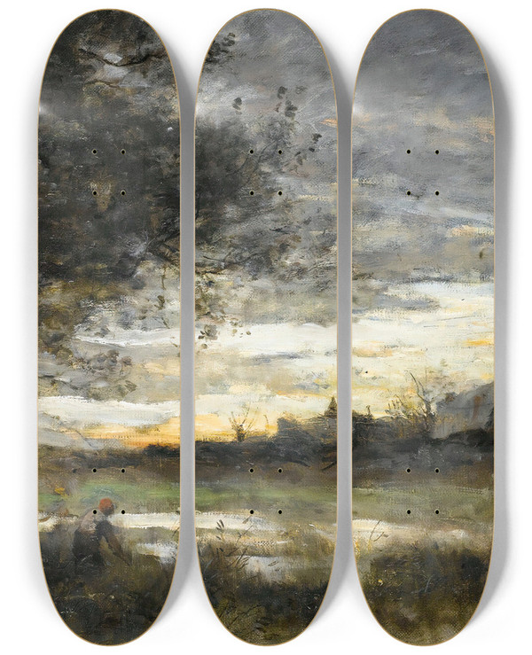 Triptych art skateboard deck of Jeanbaptistecamille Corot Landscape At Sunset by Jean-Baptiste-Camille Corot (1796-1875)