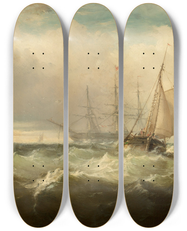 Triptych art skateboard deck of Edward Moran Storm Off New Castle Delaware by Edward Moran (1829-1901)