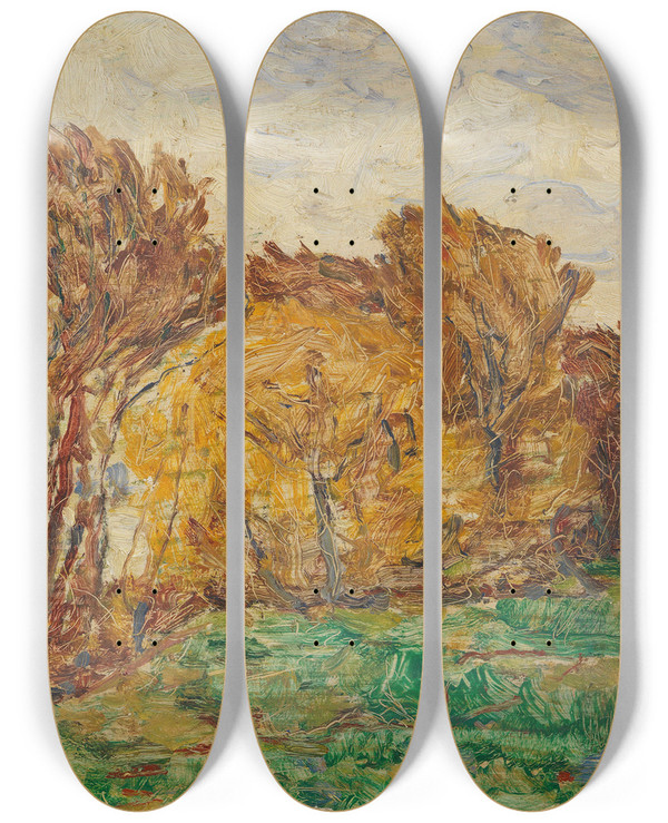 Triptych art skateboard deck of Christian Rohlfs Herbstlandschaft by Christian Rohlfs (1849-1938)