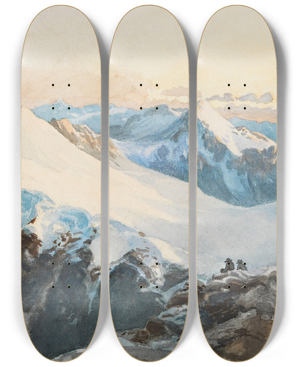 Triptych art skateboard deck of Edward Theodore Compton Am Adamello by Edward Theodore Compton (1849-1921)