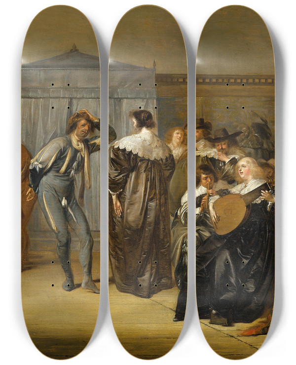 Triptych art skateboard deck of Pieter Codde Merry Company With Masked Dancers by Pieter Codde (1599-1678)