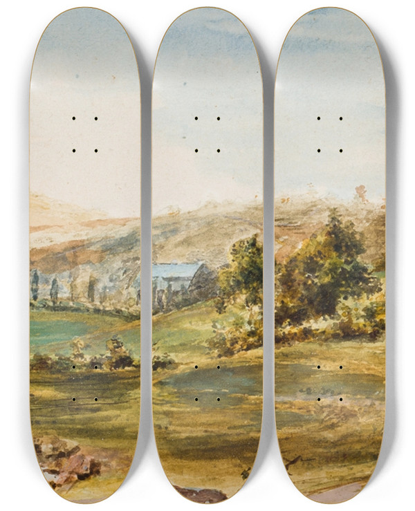 Triptych art skateboard deck of Peter Adolf Hall Landscape by Peter Adolf Hall (1739-1793)