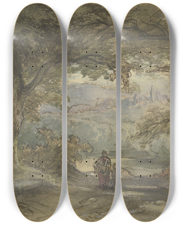Triptych art skateboard deck of Anton Burger Waldweg Mit Ausblick Auf Ein Dorf by Anton Burger (1824-1905)